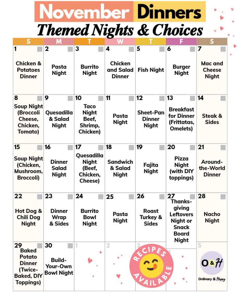 november dinner calendar displaying 30 ideas in a 7x5 calendar grid