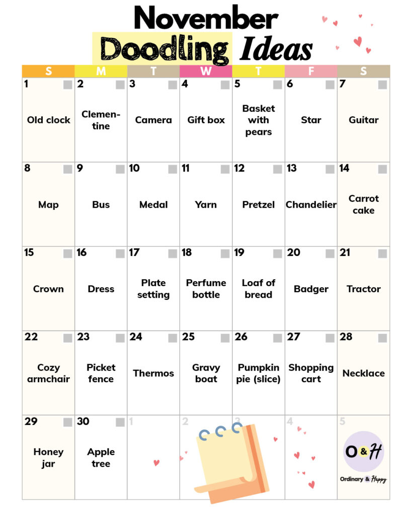 30-day doodling calendar for november with 30 simple ideas to draw every day of the month