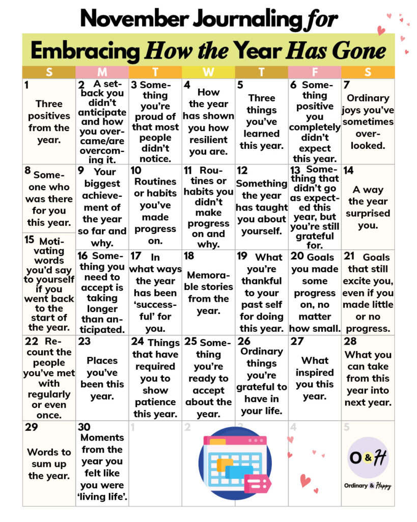 Embracing how the year has gone journaling calendar for November