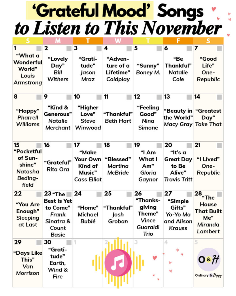 30-day calendar of 'grateful mood' songs for the month of November.