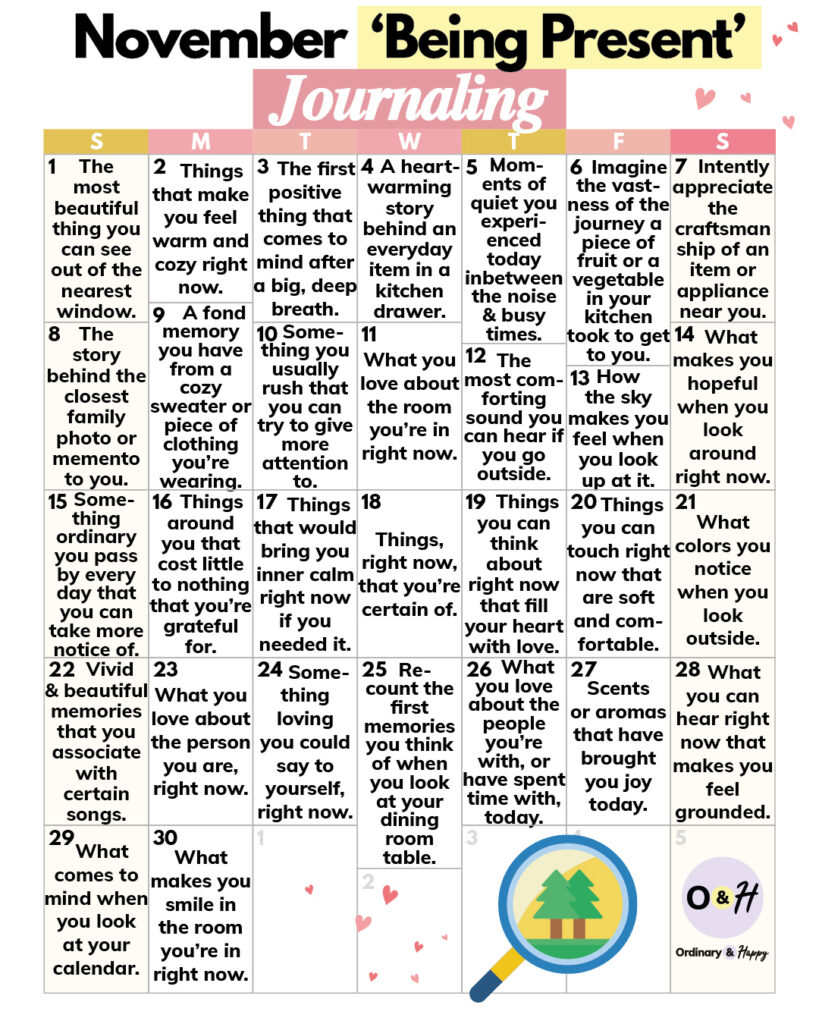 30-day november calendar in a 7x5 grid of 30 journaling ideas that encourage you to be present and in the moment