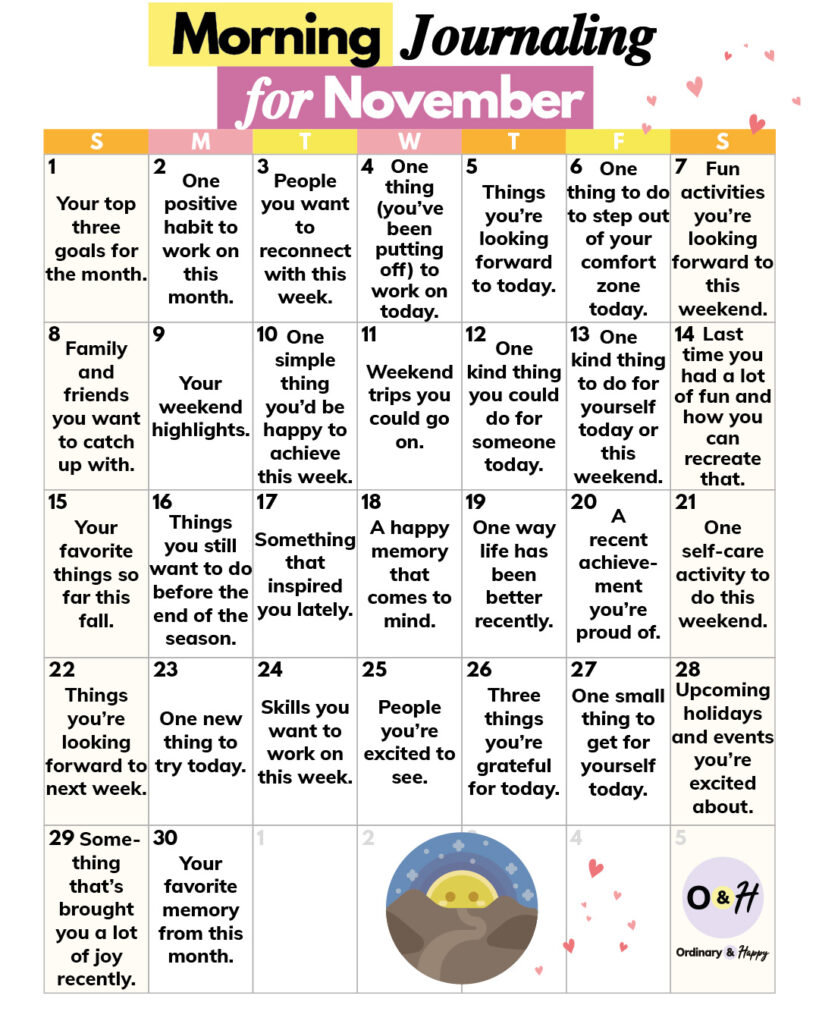 Morning journaling calendar for November.