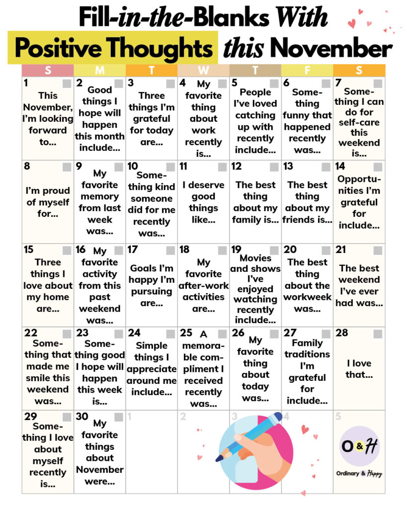 Positive journaling calendar for November.