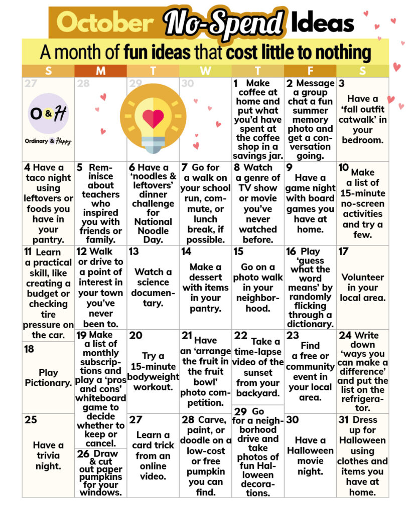october no-spend ideas printable with 31 ideas in a 7x5 calendar grid