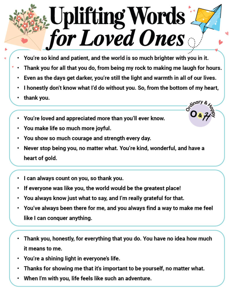 selection of 16 messages of uplifting words for loved ones displayed in a simple elegant graphic