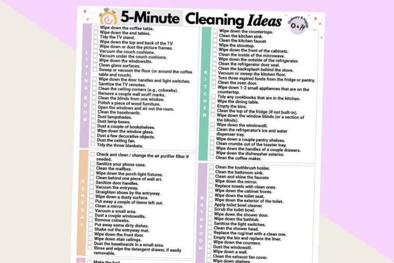 big checklist of 5-minute cleaning ideas by room displayed on a lilac and grey block color background