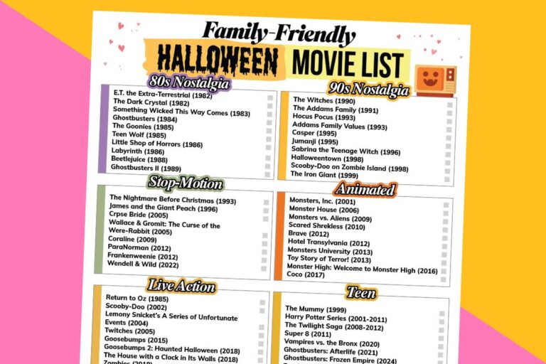 partially visible selection of halloween movies for the family on a printable against a crimson and orange background