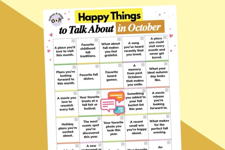 conversation topics card of happy topics for october on an orange and yellow background