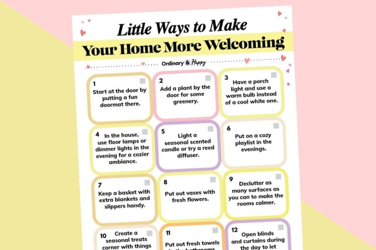 checklist of little ways to make your home more welcoming displayed on a bright 2-color background