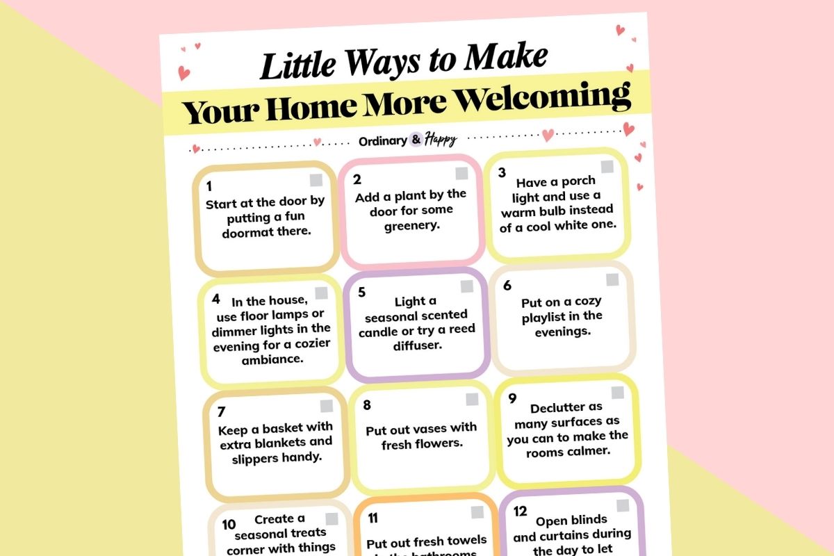 checklist of little ways to make your home more welcoming displayed on a bright 2-color background