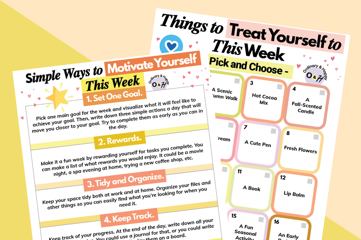 printable of simple ways to motivate yourself overlapping over a ways to treat yourself this week printable on a 2-color background