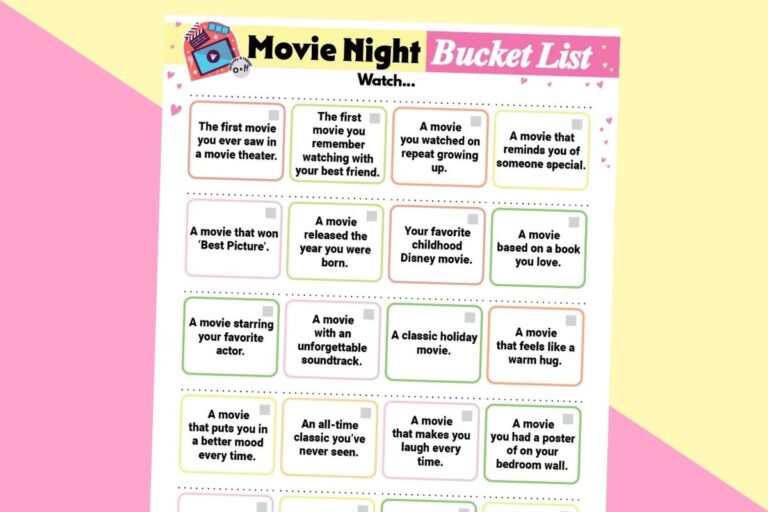 movie night bucket list prompts printable on a pink and yellow block color background
