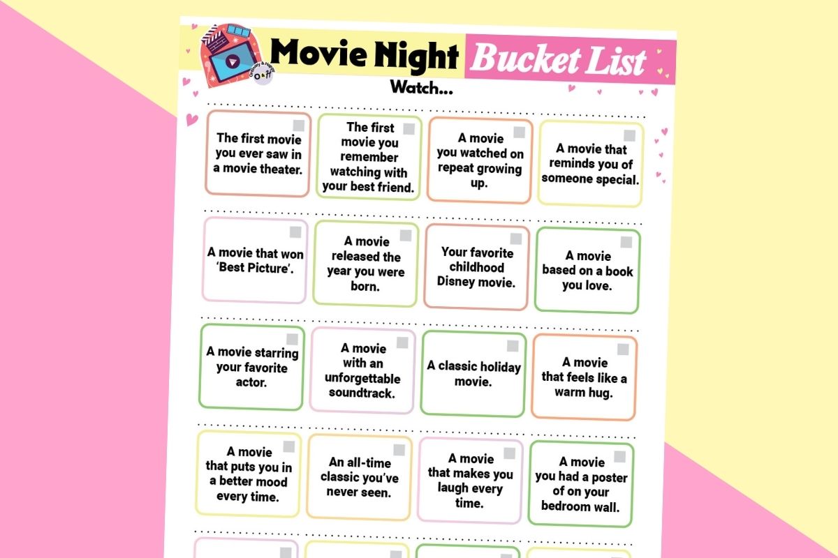 movie night bucket list prompts printable on a pink and yellow block color background