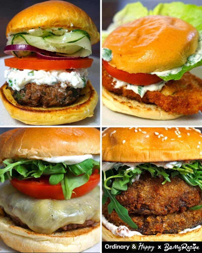 close up of lamb, chicken, beef, and mushroom burgers in a 2x4 grid
