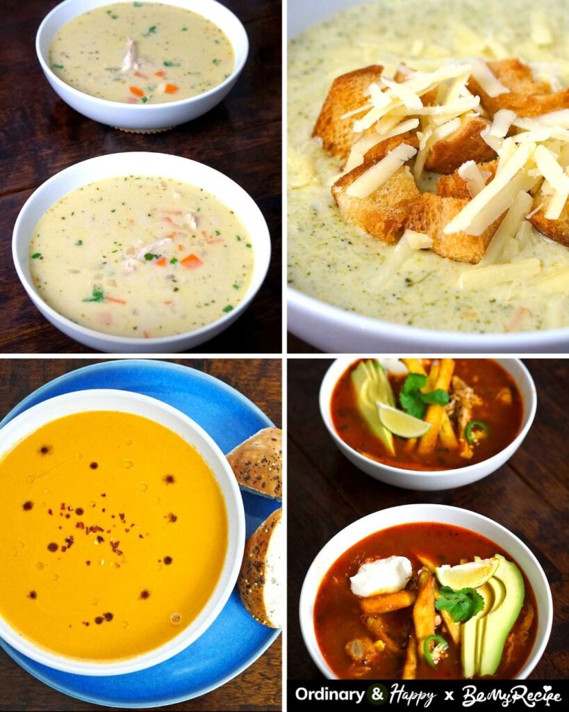 lemon soup, broccoli cheddar soup, roasted tomato soup, and chicken tortilla soup