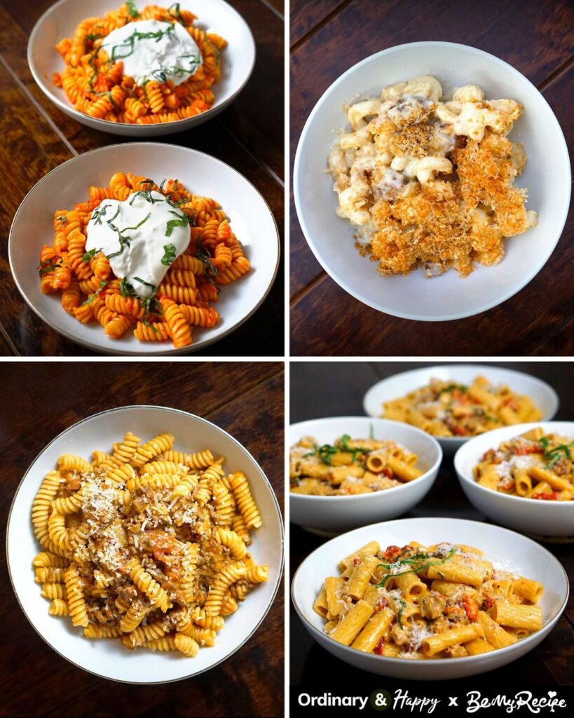 overhead views of two bowls of roasted pepper pasta, sausage mac and cheese, ground beef pasta, and four bowls of creamy sausage pasta