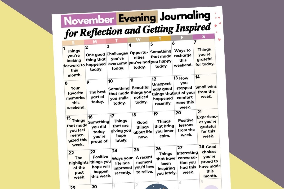 november evening journaling ideas displayed in a 7x5 calendar grid on a dark grey and yellow background