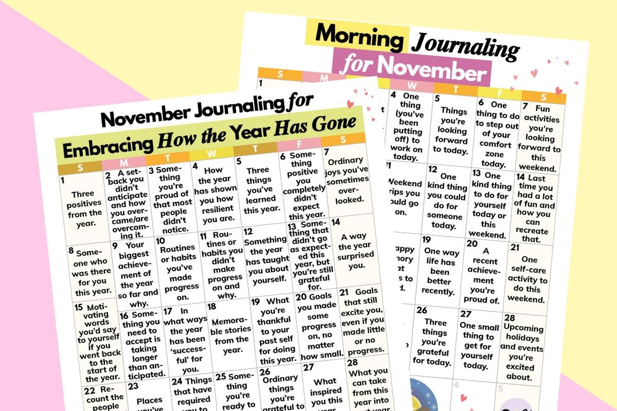 November journaling calendars on a pink-yellow background.