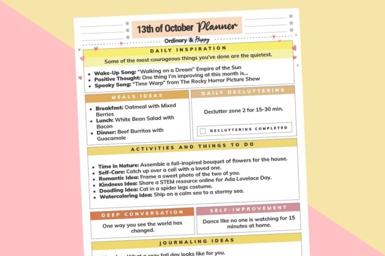 october 13th daily planner printable on a yellow and red background