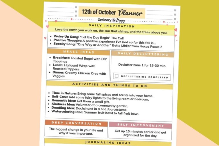 october 12th daily planner printable on a bright orange and light orange background