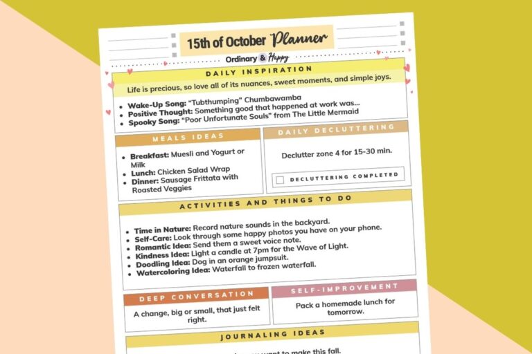 october 15th daily planner printable on an orange and yellow background