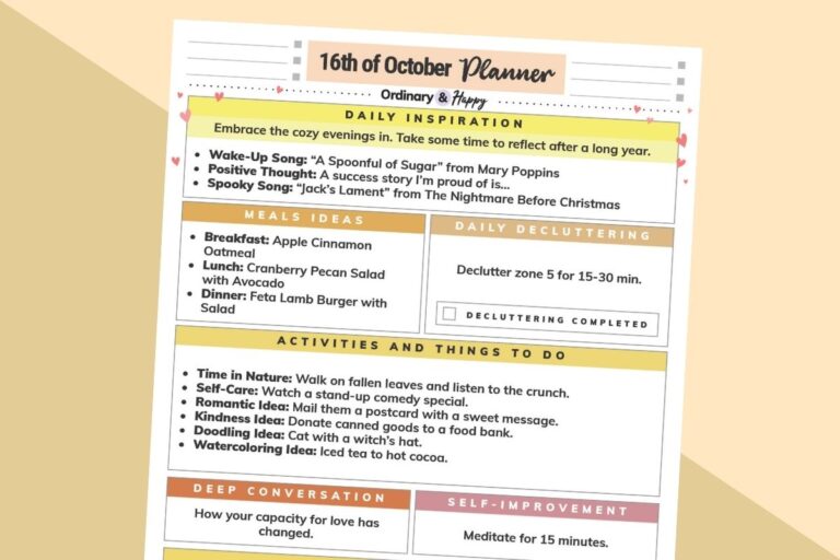 october 16th daily planner printable on a 2-color block color background