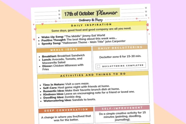 october 17th daily planner printable partially visible on a lilac and orange background