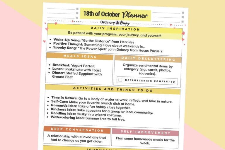 october 18th daily planner printable partially visible on a red and yellow backdrop