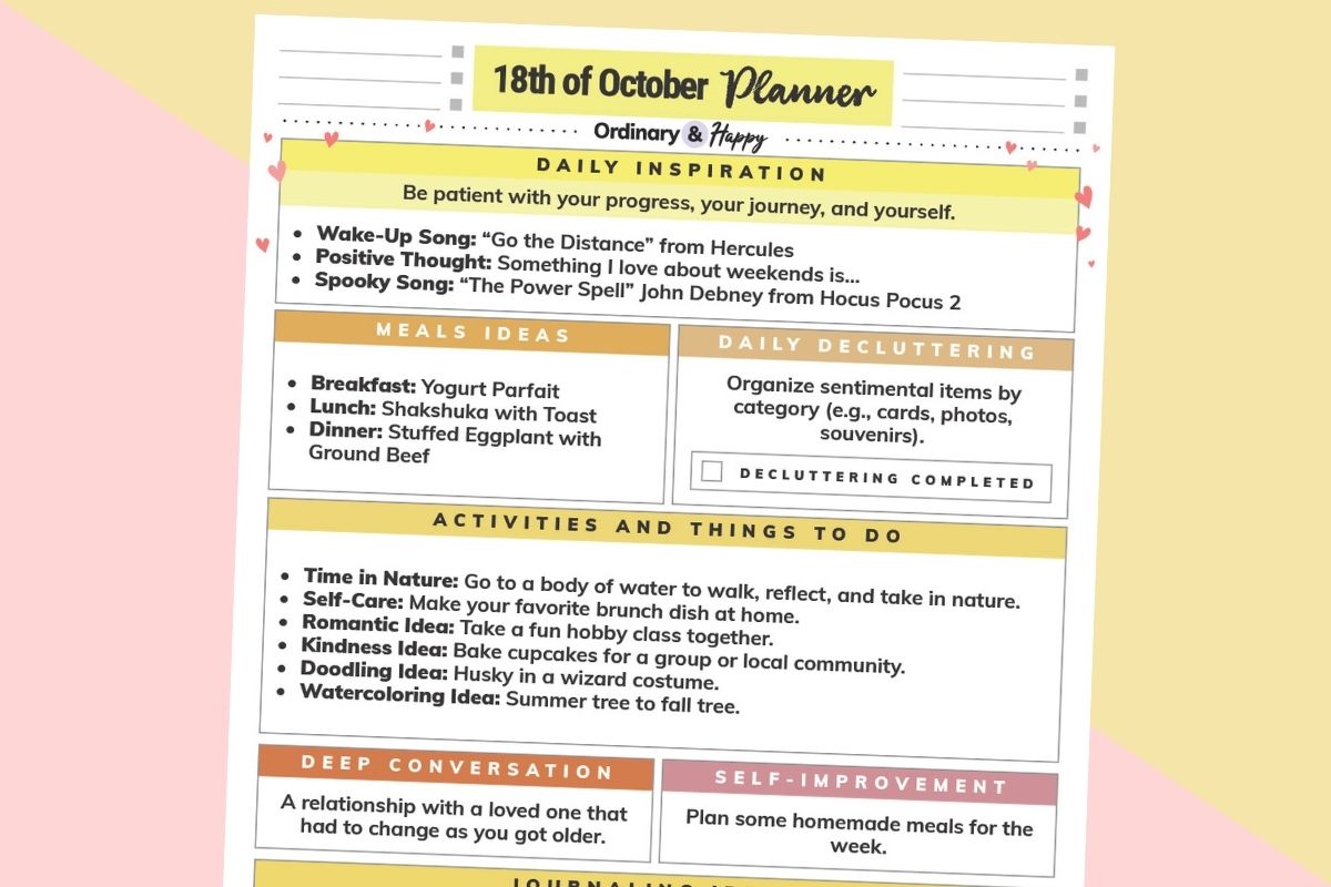 october 18th daily planner printable partially visible on a red and yellow backdrop