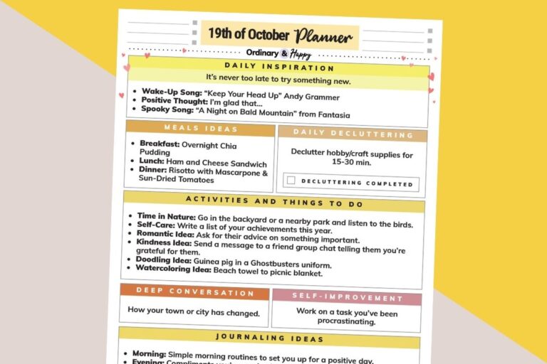 october 19th daily planner printable preview with lists of ideas for the day on a colorful graphic