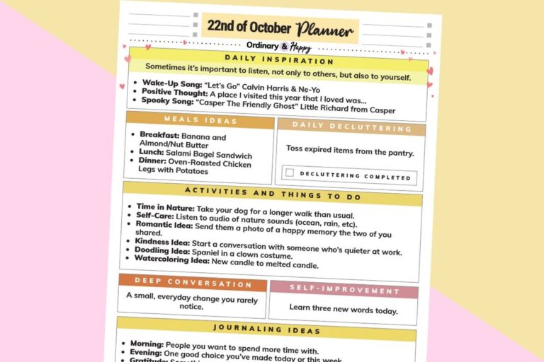 october 22nd daily planner printable with lists of ideas for the day on a lilac and yellow background
