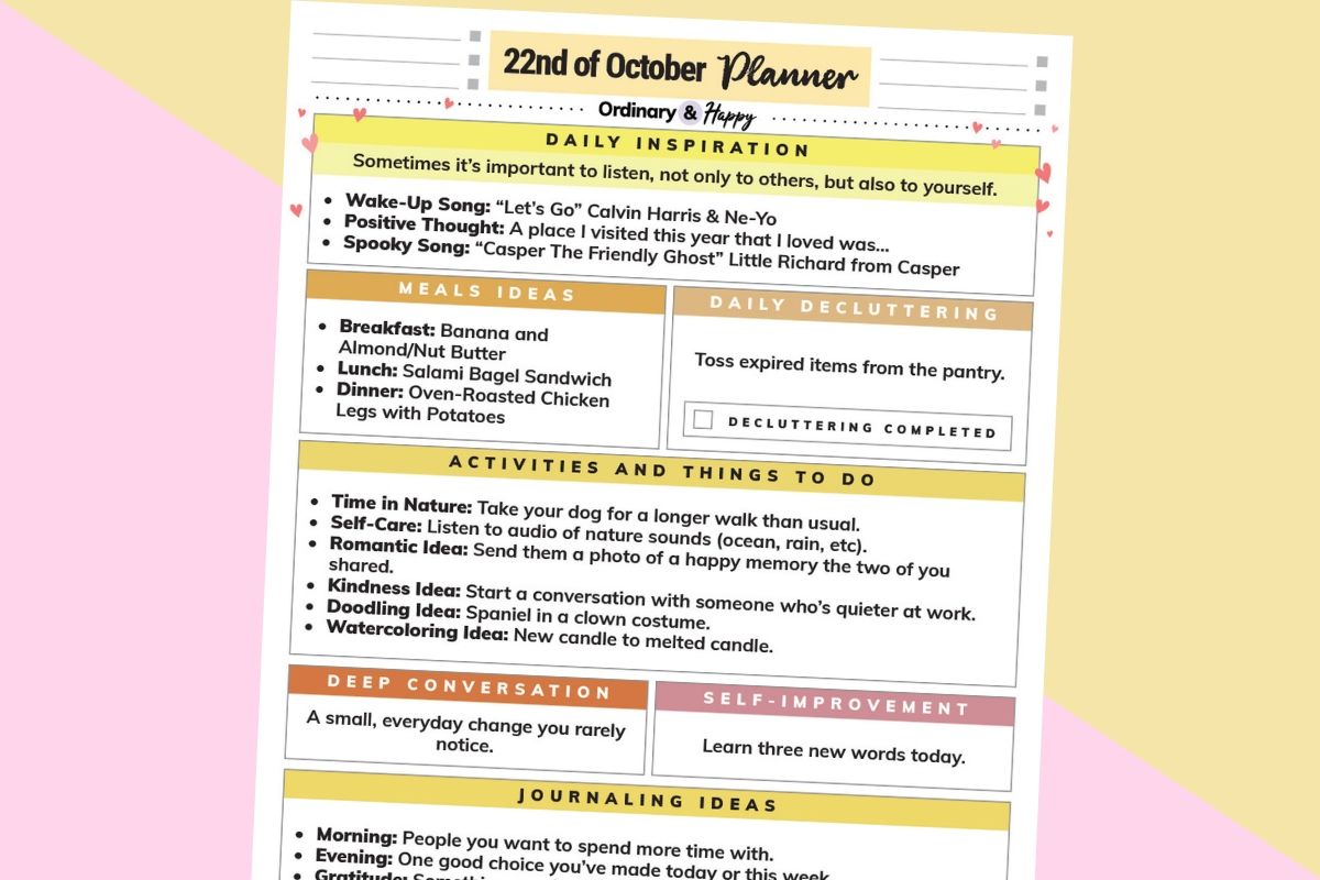 october 22nd daily planner printable with lists of ideas for the day on a lilac and yellow background