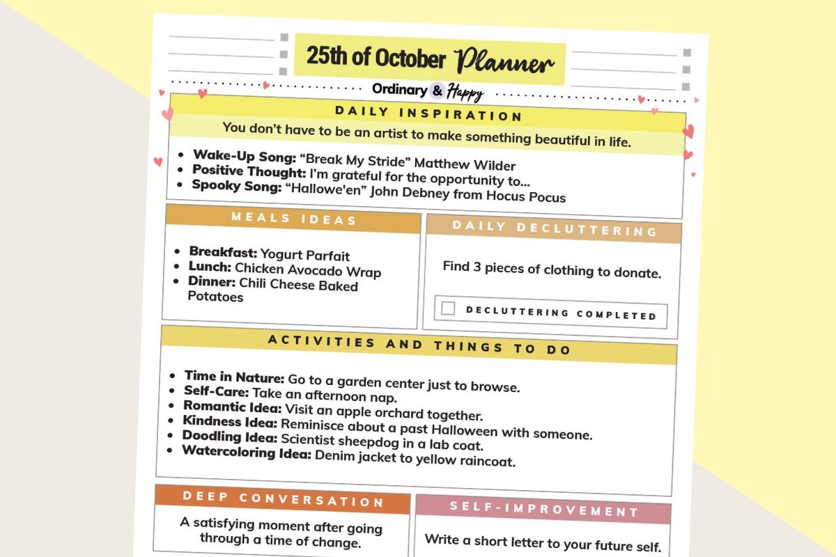 october 25th daily planner printable partially visible on a 2-color background