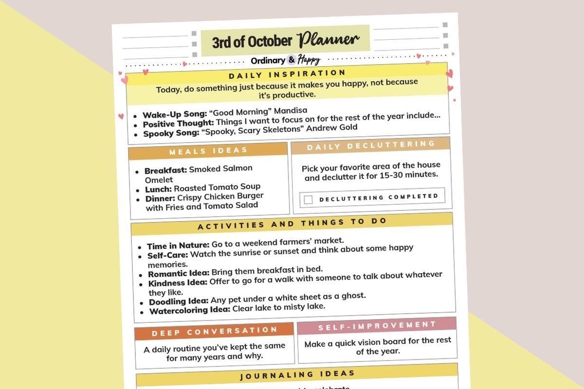 october 3rd daily planner printable on a red and yellow block color backdrop