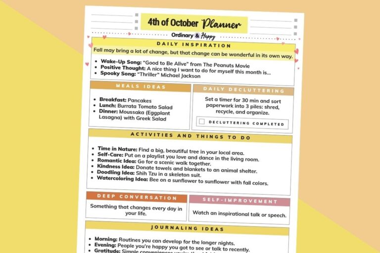 october 4th daily planner printable displayed on a diagonal orange and yellow backdrop