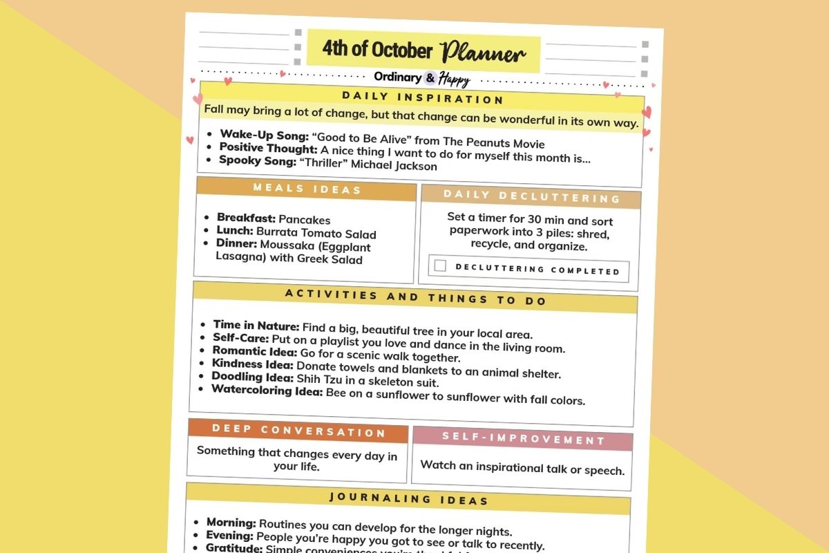october 4th daily planner printable displayed on a diagonal orange and yellow backdrop