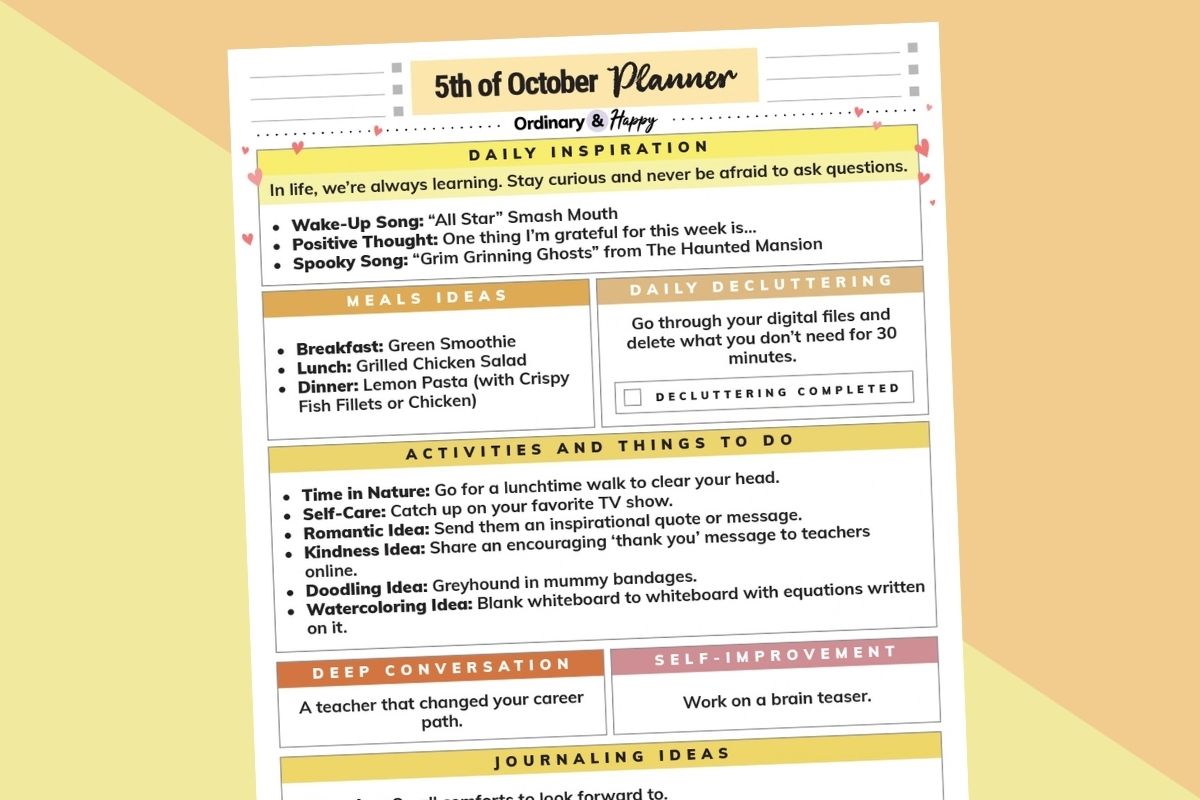 October 5th planner featured image on a yellow-orange background.