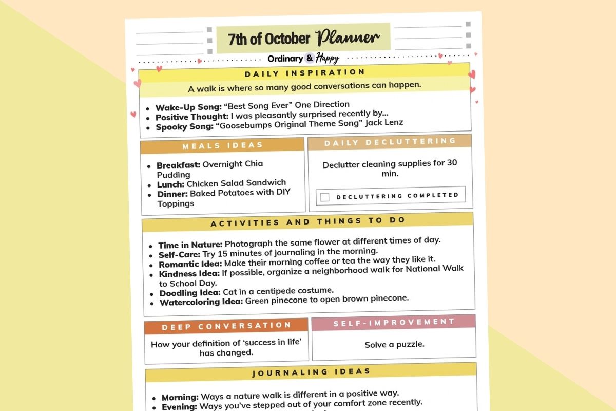 October 7th planner featured image on a peach-yellow background.