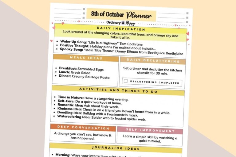 october 8th daily planner printable on a yellow and grey block color background