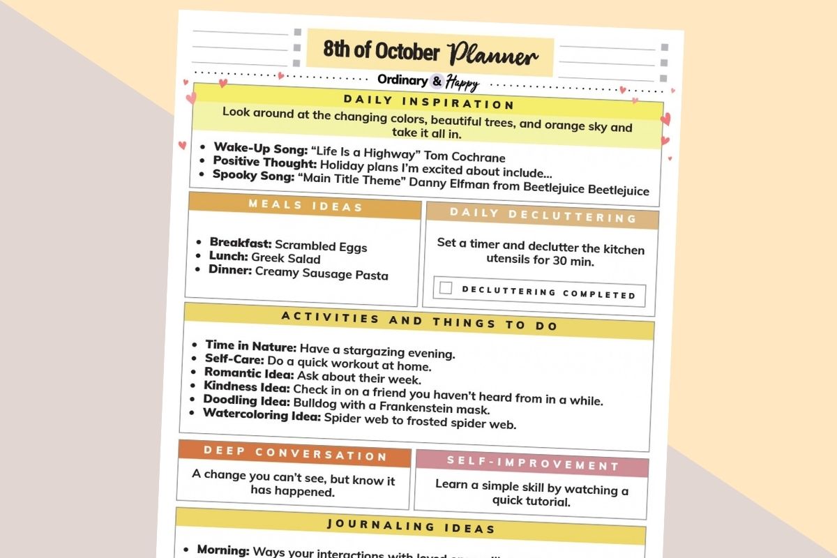 october 8th daily planner printable on a yellow and grey block color background
