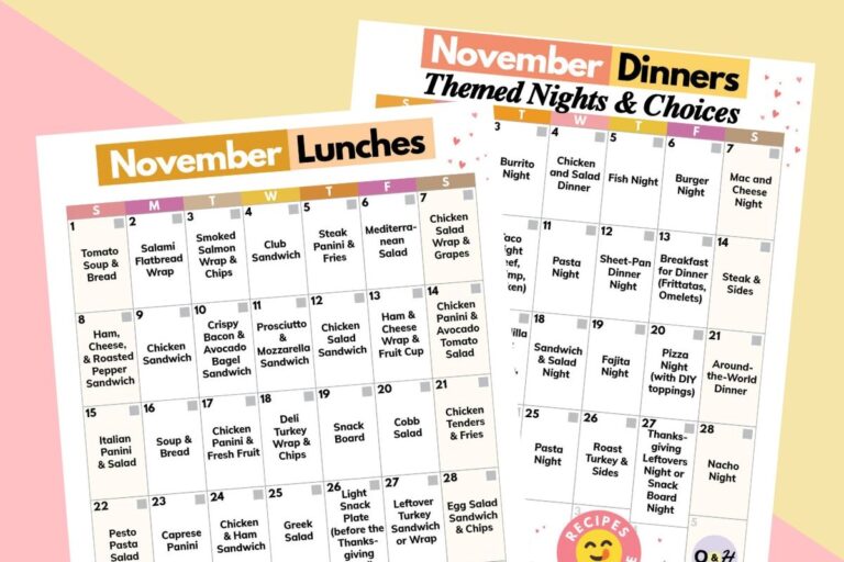 november lunch and november dinner ideas calendars displayed overlapping ech other on a 2-color background