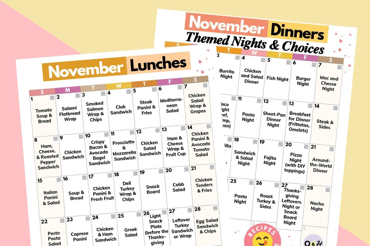 november lunch and november dinner ideas calendars displayed overlapping ech other on a 2-color background
