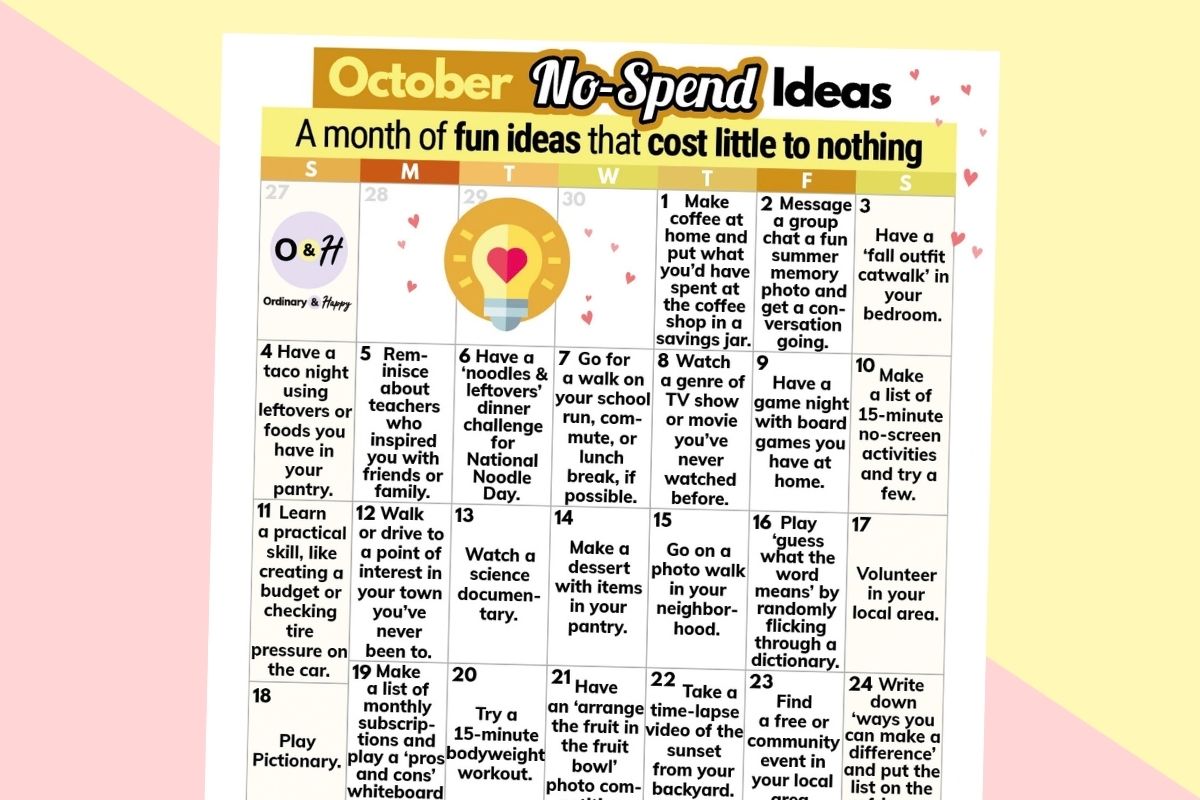 october no-spend challenge month printable on a red and yellow background
