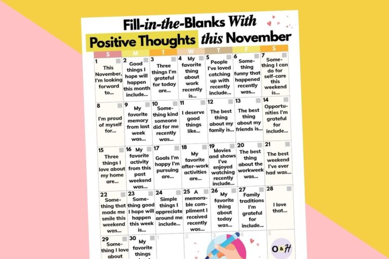 november calendar of unfinished sentences to finish with something positive, displayed on a yellow and light red background