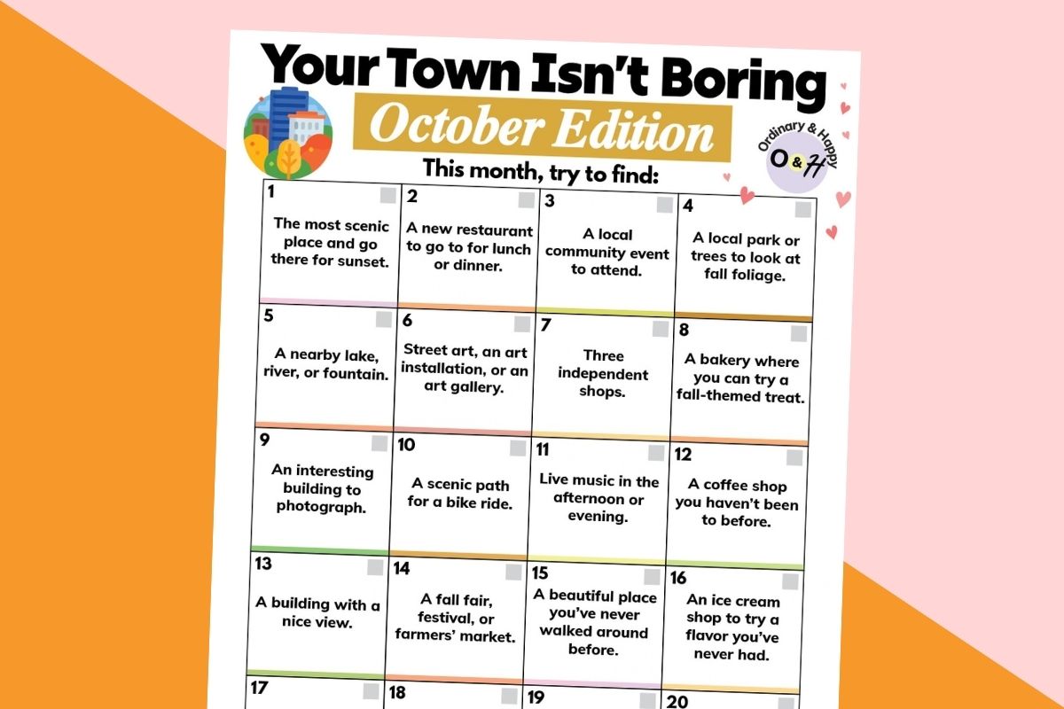 checklist of ideas to see in your town or city in october on a red and orange background